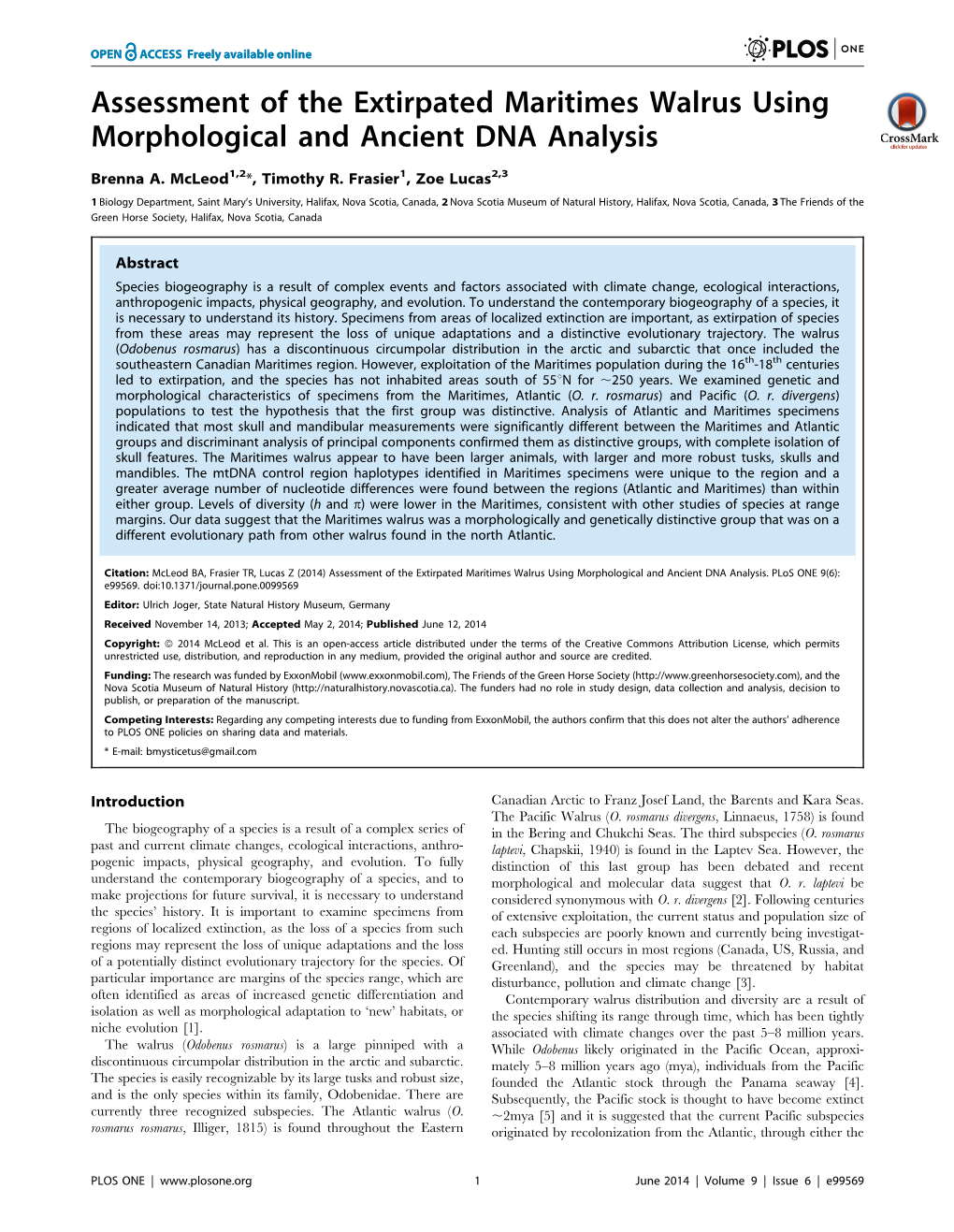 Assessment of the Extirpated Maritimes Walrus Using Morphological and Ancient DNA Analysis