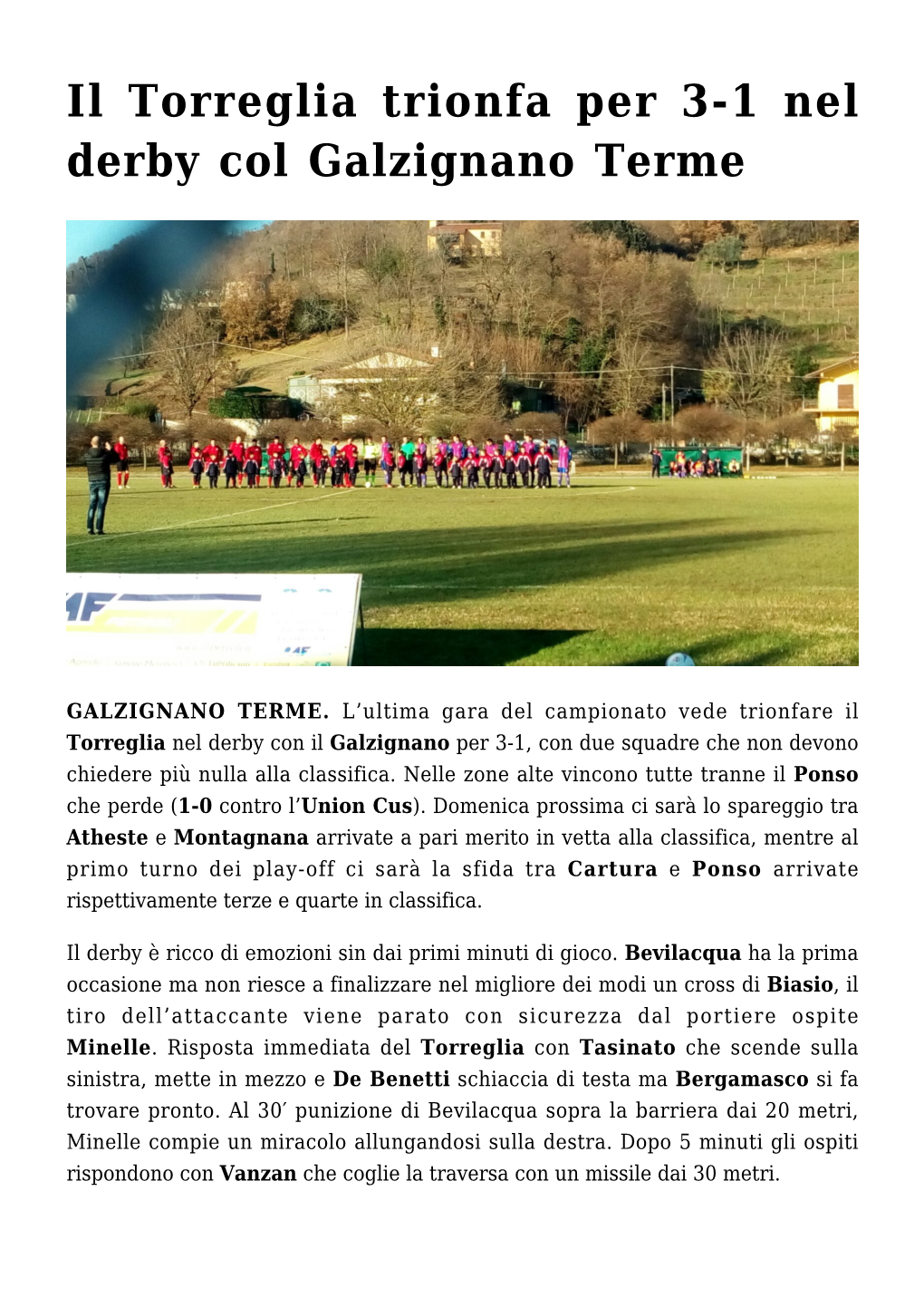 Il Torreglia Trionfa Per 3-1 Nel Derby Col Galzignano Terme