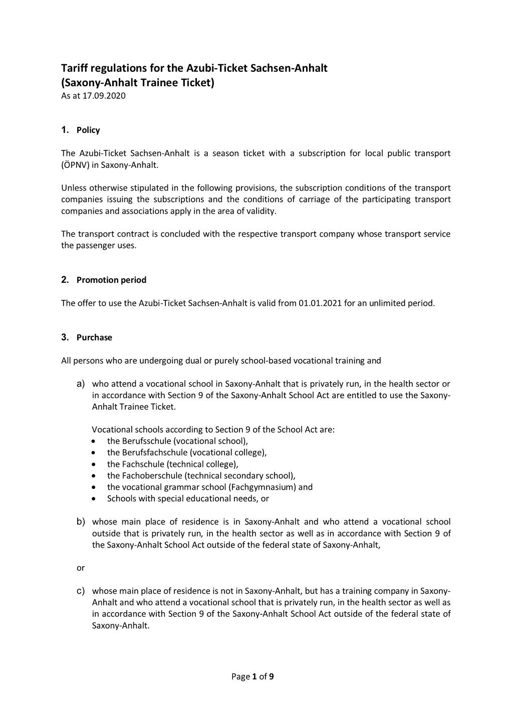 Tariff Regulations for the Azubi-Ticket Sachsen-Anhalt (Saxony-Anhalt Trainee Ticket) As at 17.09.2020