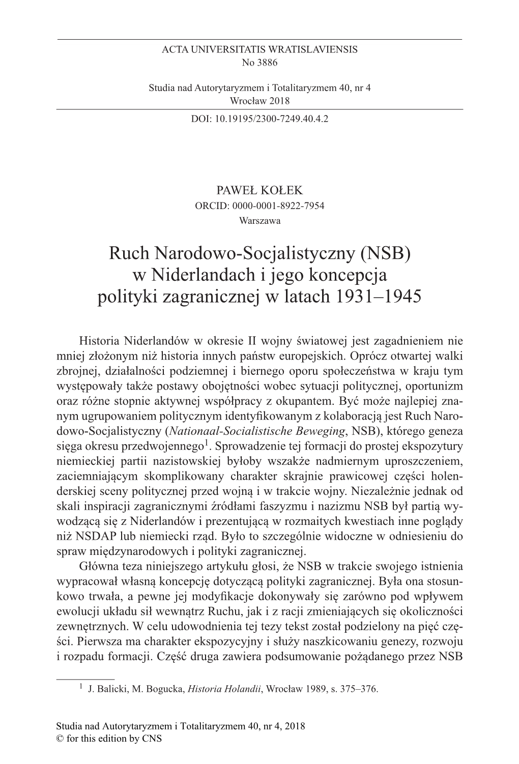 Ruch Narodowo-Socjalistyczny (NSB) W Niderlandach I Jego Koncepcja Polityki Zagranicznej W Latach 1931–1945