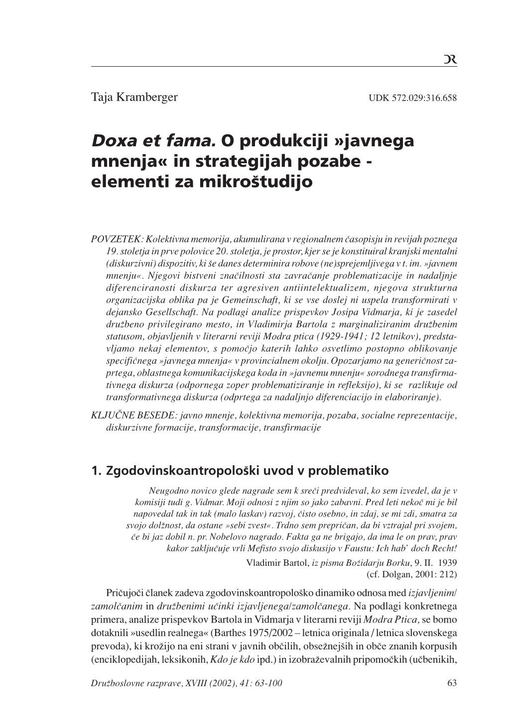 Doxa Et Fama. O Produkciji Fljavnega Mnenja« in Strategijah Pozabe