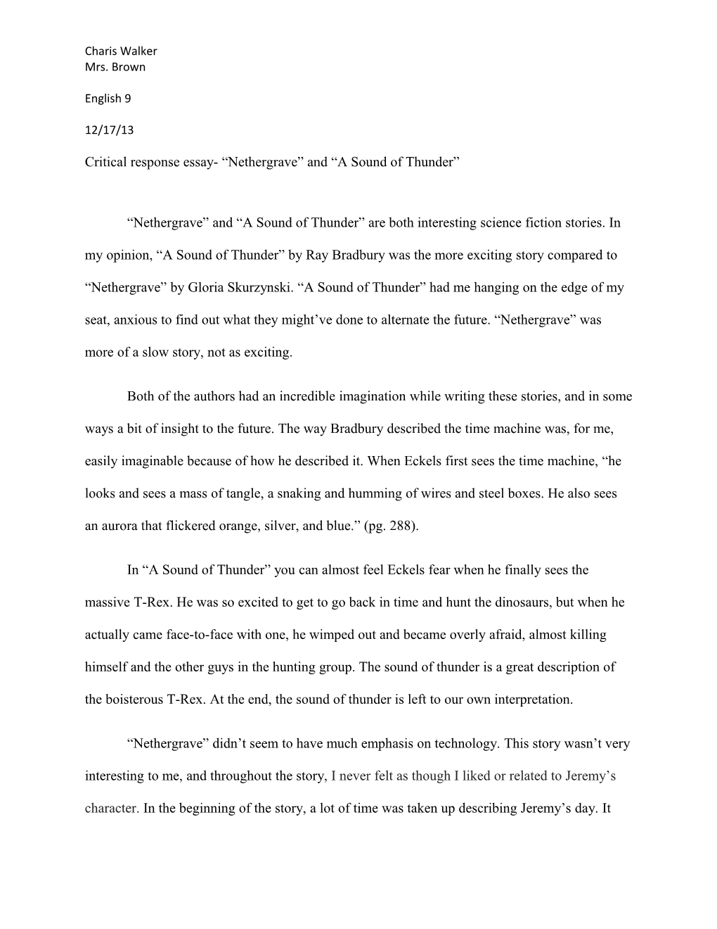 Critical Response Essay- Nethergrave and a Sound of Thunder