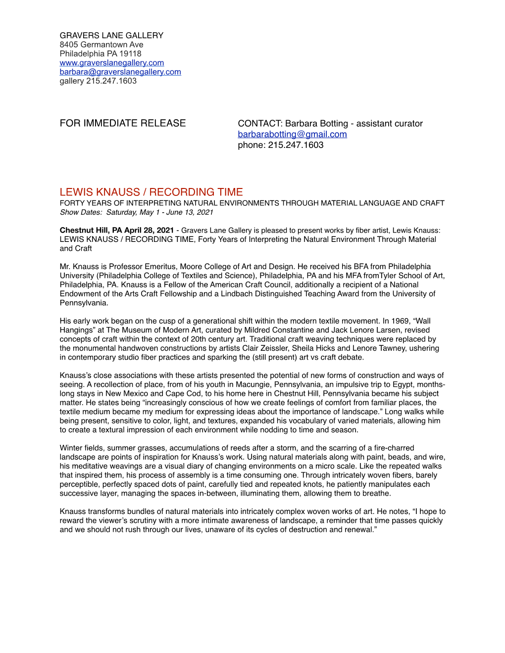 LEWIS KNAUSS / RECORDING TIME FORTY YEARS of INTERPRETING NATURAL ENVIRONMENTS THROUGH MATERIAL LANGUAGE and CRAFT Show Dates: Saturday, May 1 - June 13, 2021