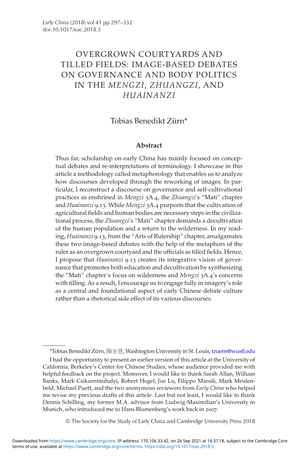 Overgrown Courtyards and Tilled Fields: Image-Based Debates on Governance and Body Politics in the Mengzi, Zhuangzi, and Huainanzi