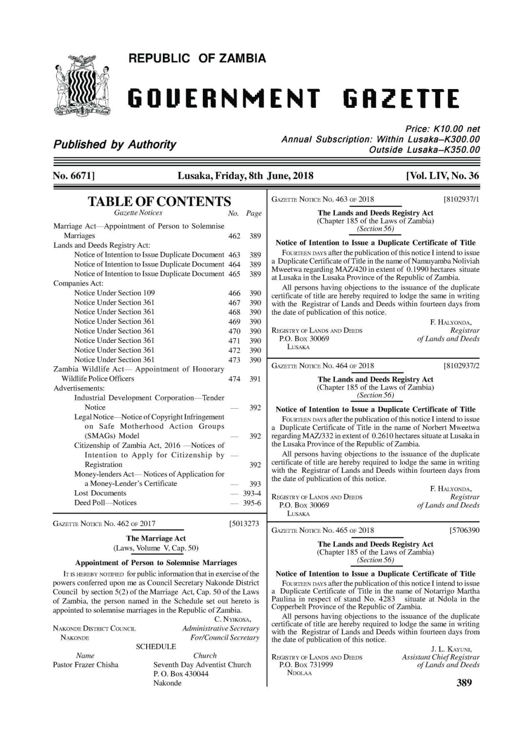 TABLE of CONTENTS Gazette Notice No