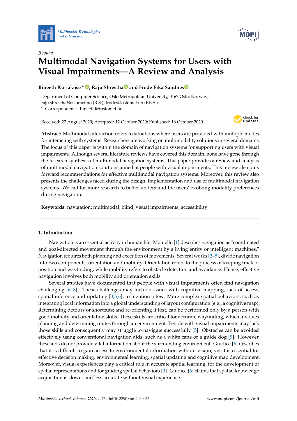 Multimodal Navigation Systems for Users with Visual Impairments—A Review and Analysis