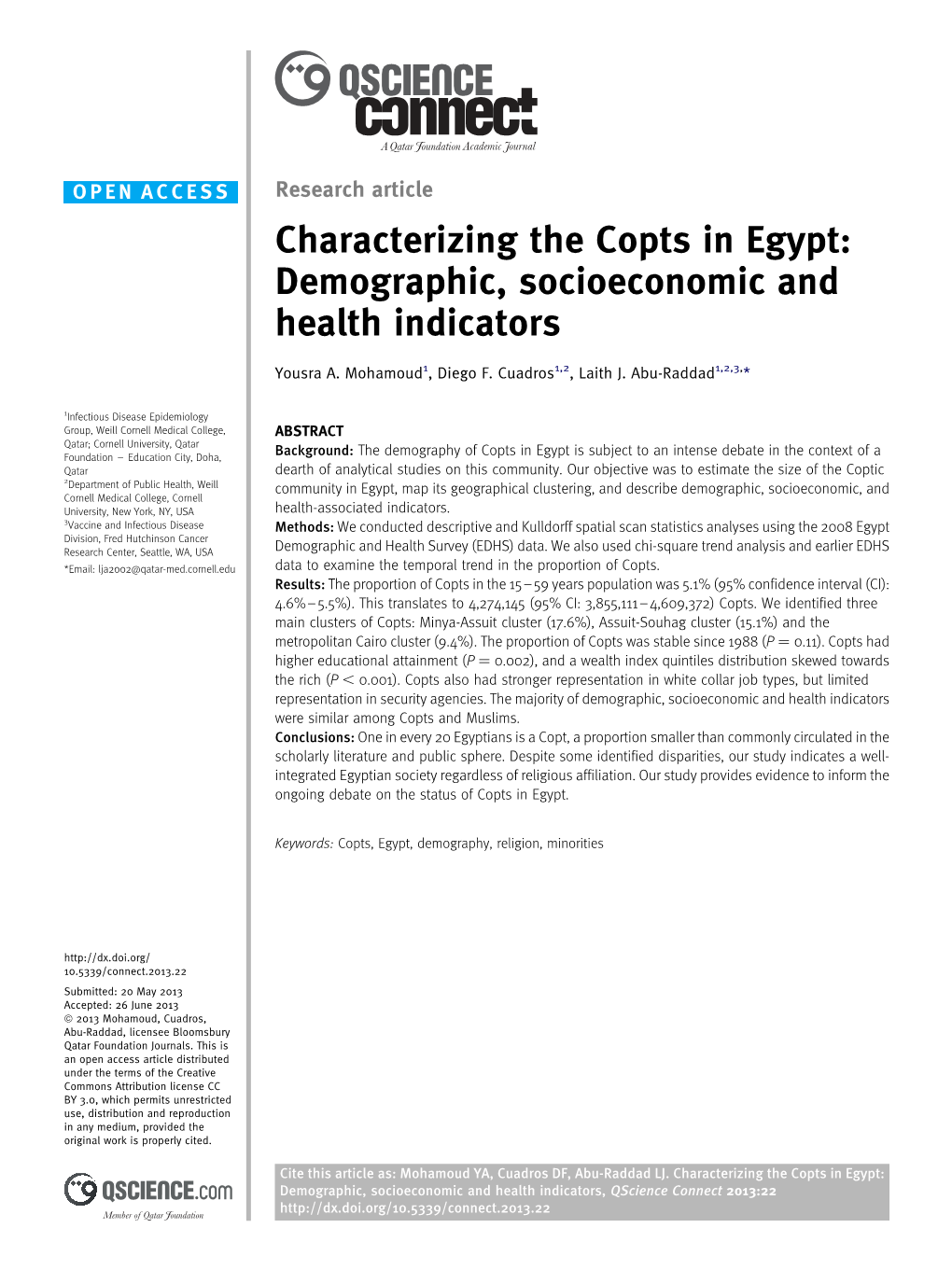 Characterizing the Copts in Egypt: Demographic, Socioeconomic and Health Indicators