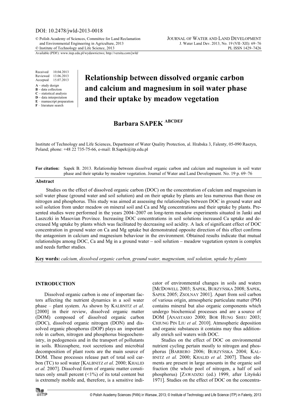 Relationship Between Dissolved Organic Carbon and Calcium and Magnesium in Soil Water Phase and Their Uptake by Meadow Vegetation