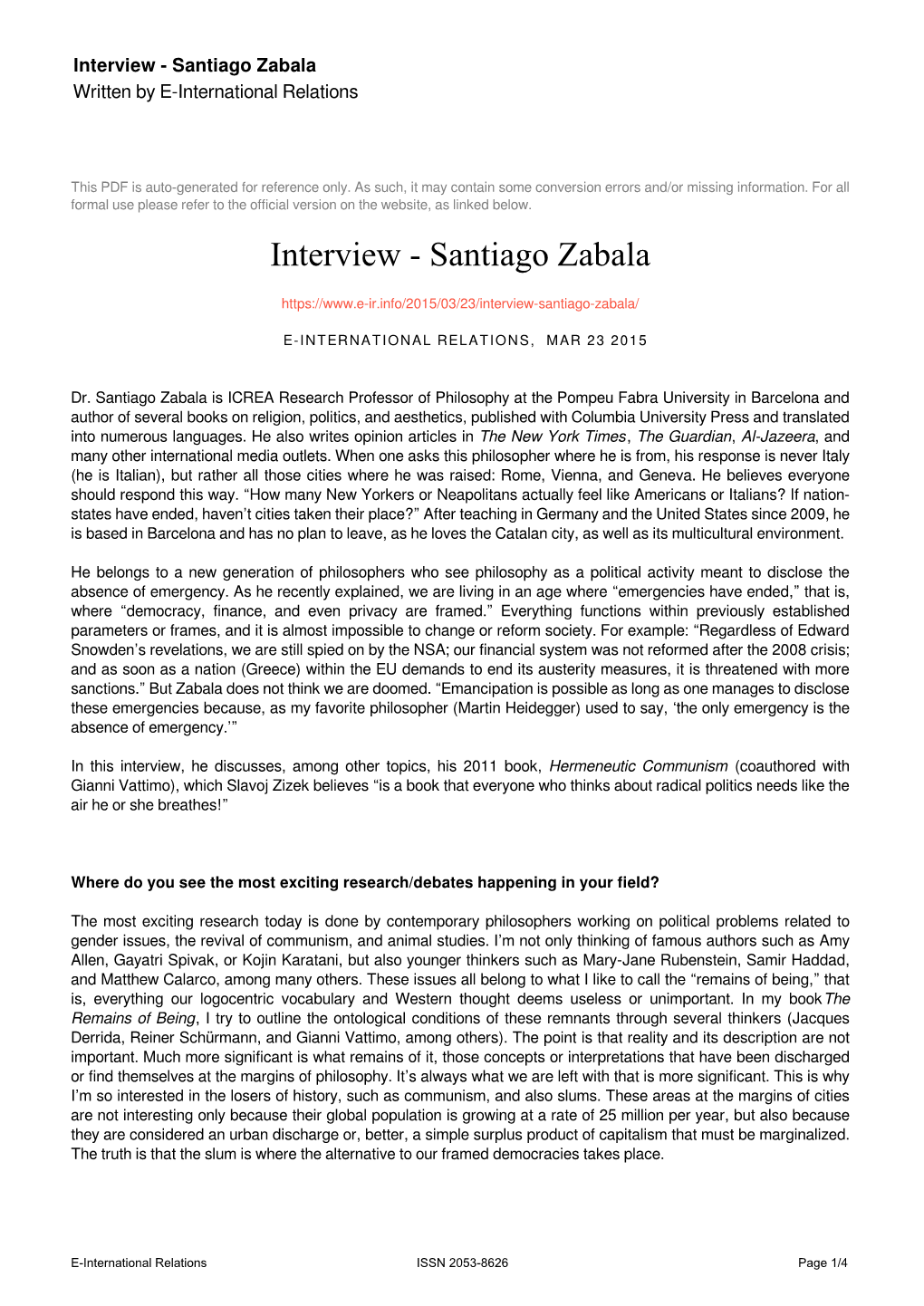 Santiago Zabala Written by E-International Relations