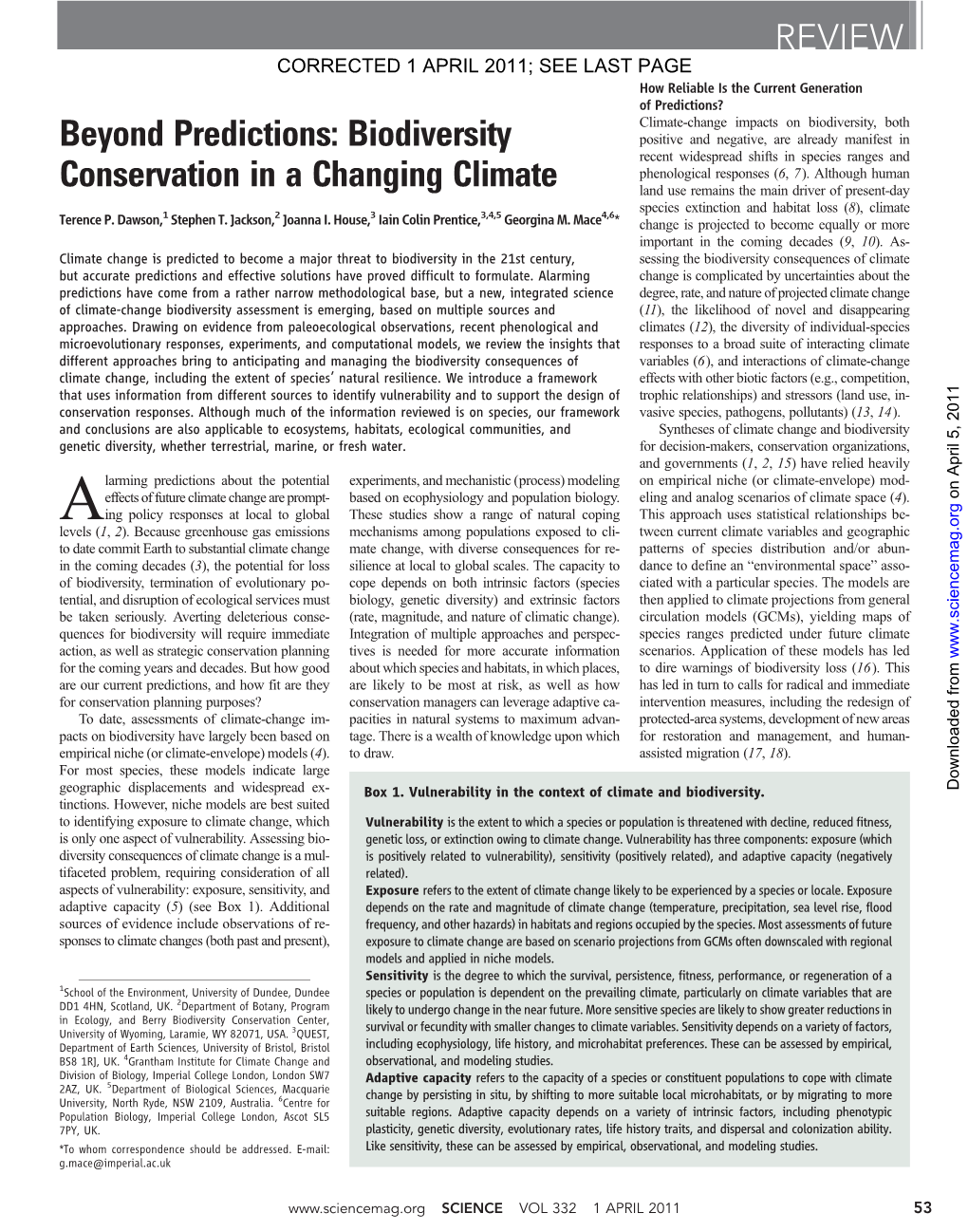 Beyond Predictions: Biodiversity Conservation in a Changing Climate” by T