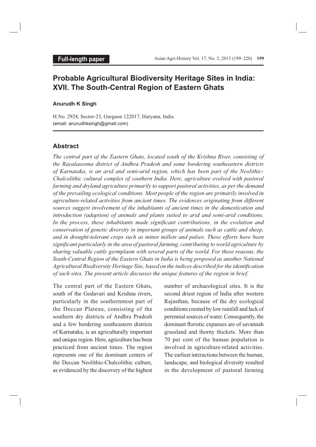 Probable Agricultural Biodiversity Heritage Sites in India : XVII. the South-Central Region of Eastern Ghats
