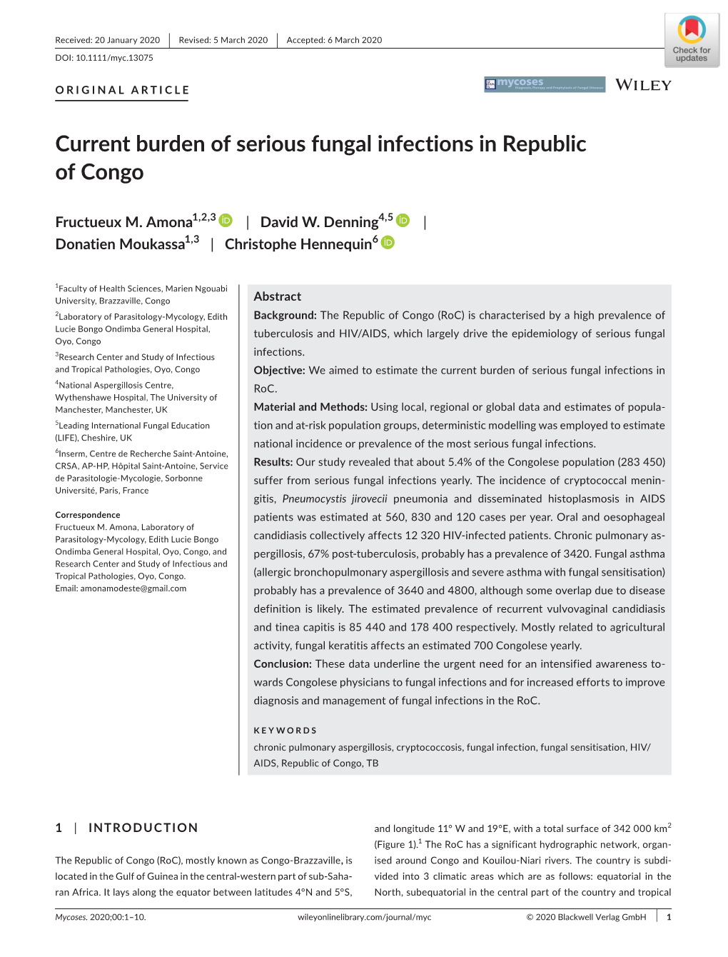Current Burden of Serious Fungal Infections in Republic of Congo