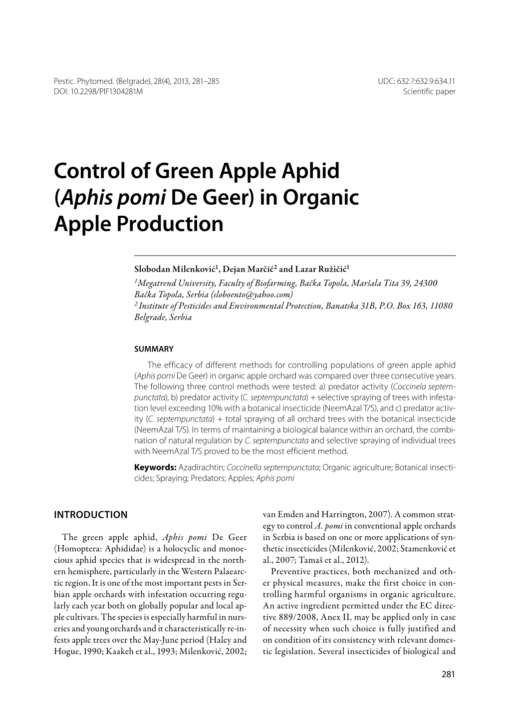 Control of Green Apple Aphid (Aphis Pomi De Geer) in Organic Apple Production