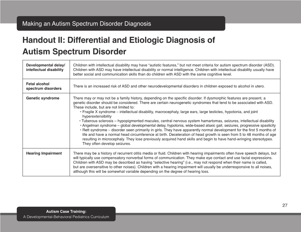 Differential and Etiologic Diagnosis of Autism Spectrum Disorder