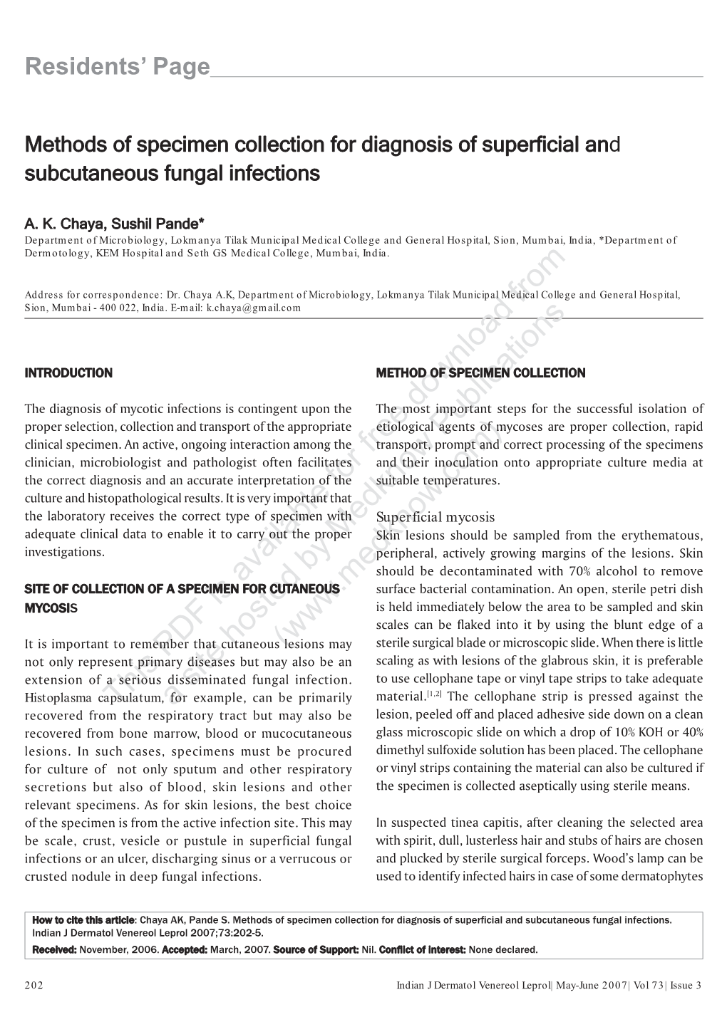 Methods of Specimen Collection for Diagnosis of Superficial And