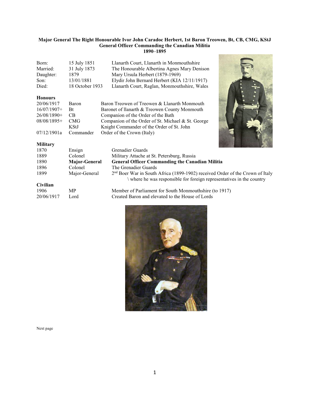 Major General the Right Honourable Ivor John Caradoc Herbert, 1St Baron Treowen, Bt, CB, CMG, Kstj General Officer Commanding the Canadian Militia 1890–1895