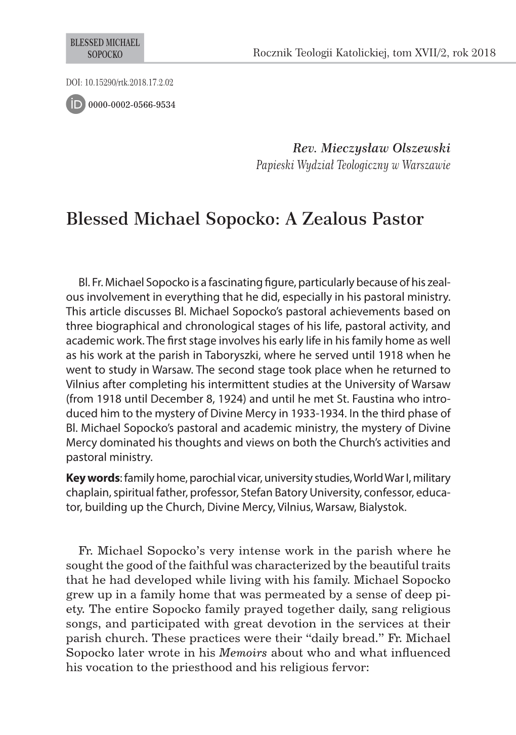 Blessed Michael Sopocko: a Zealous Pastor