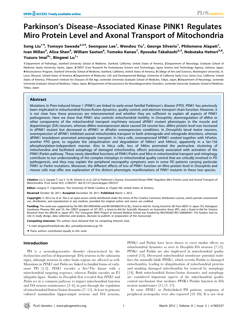 Parkinson's Disease–Associated Kinase PINK1 Regulates Miro