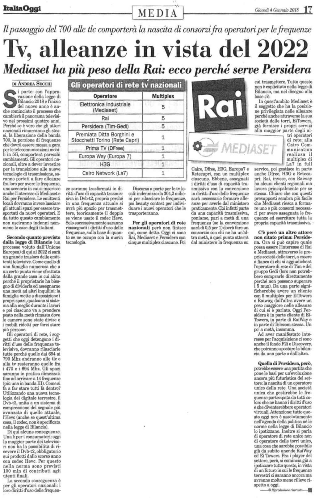 Tv~ Alleanze in Vista Del 2022 L Mediaset Ha Più Peso Deua Rai: Ecco Perché Serve Persidera ~ DI ANDREA Seccm Cui Trasmettere