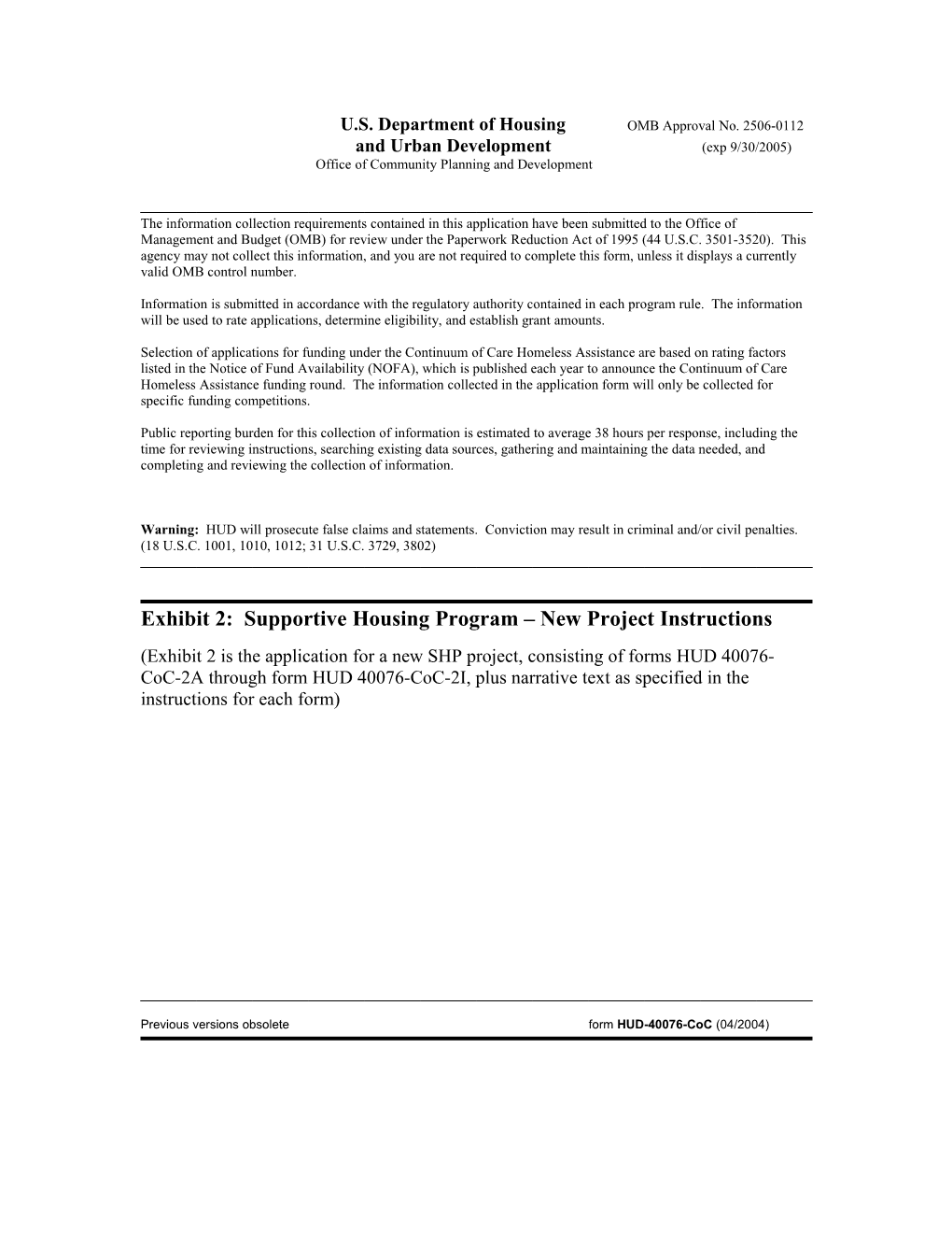 Exhibit 2: Supportive Housing Program New Project Instructions