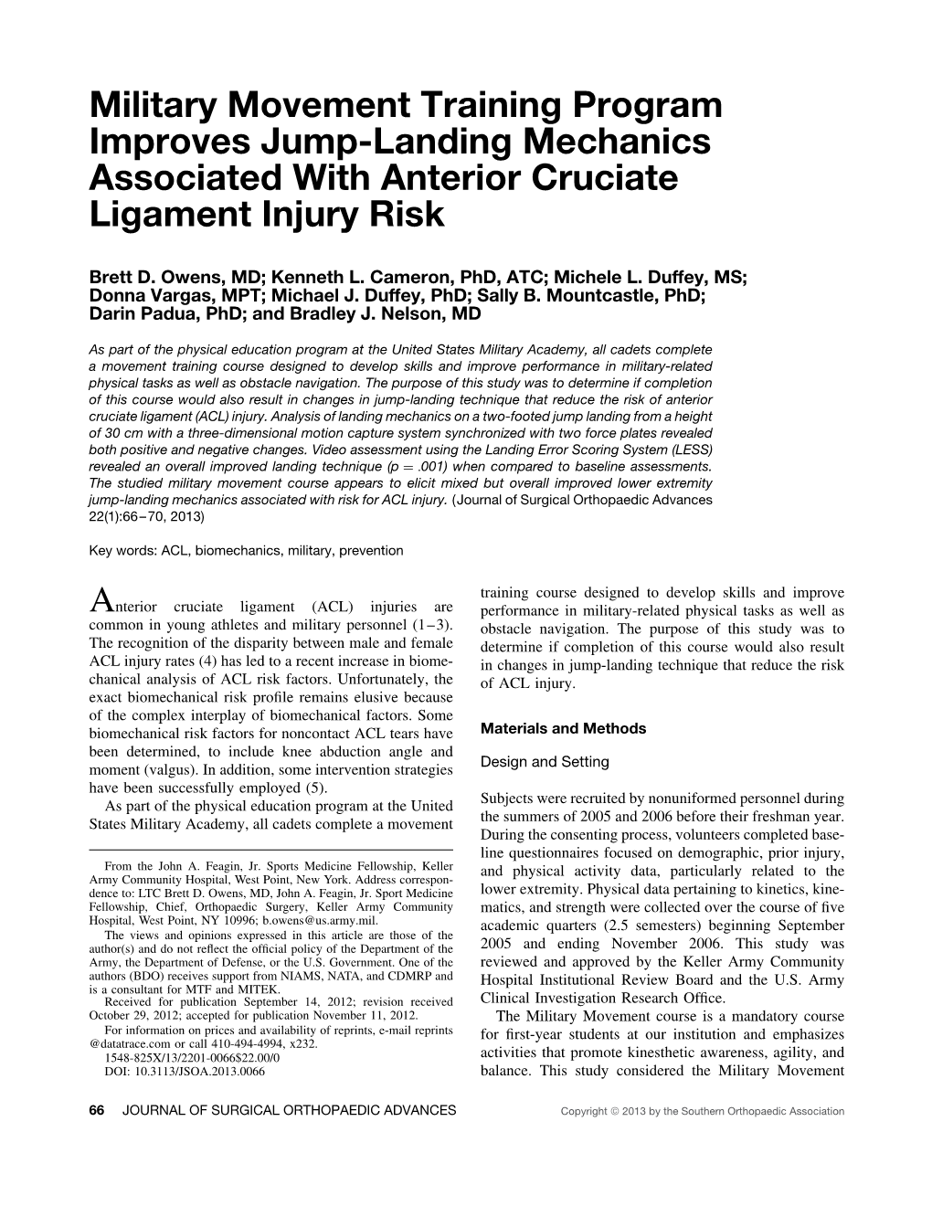 Military Movement Training Program Improves Jump-Landing Mechanics Associated with Anterior Cruciate Ligament Injury Risk