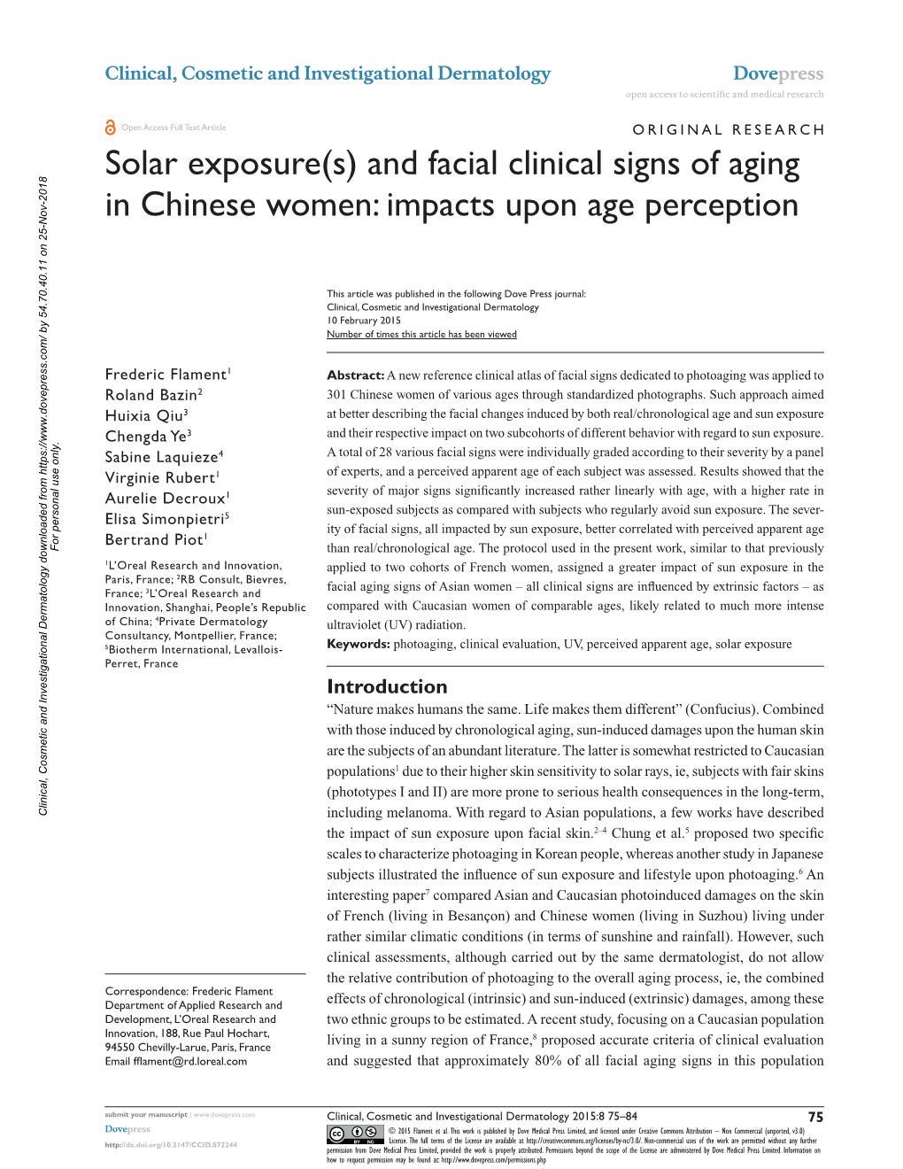 Solar Exposure(S) and Facial Clinical Signs of Aging in Chinese Women: Impacts Upon Age Perception