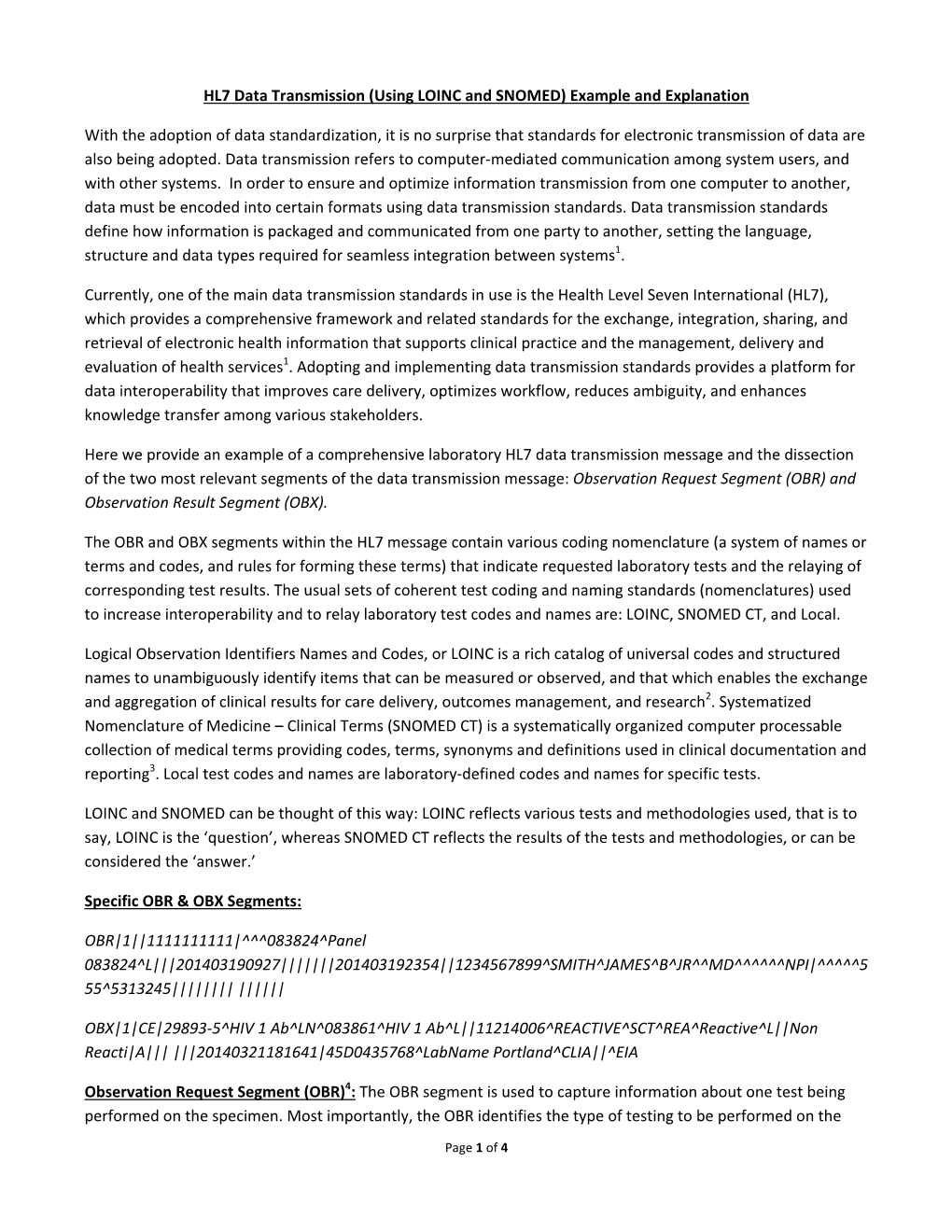 HL7 Data Transmission (Using LOINC and SNOMED) Example and Explanation