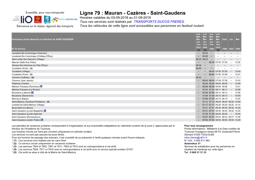 Ligne 79 : Mauran - Cazères - Saint-Gaudens Horaires Valables Du 03-09-2018 Au 01-09-2019 Tous Ces Services Sont Réalisés Par TRANSPORTS DUCOS FRERES