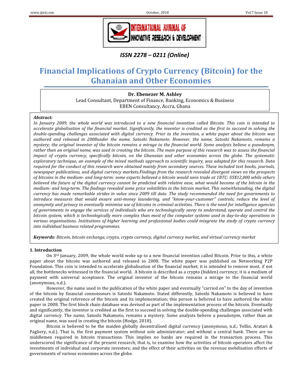 Financial Implications of Crypto Currency (Bitcoin) for the Ghanaian and Other Economies