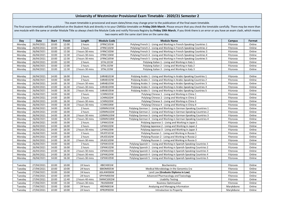 University of Westminster Provisional Exam Timetable - 2020/21 Semester 2