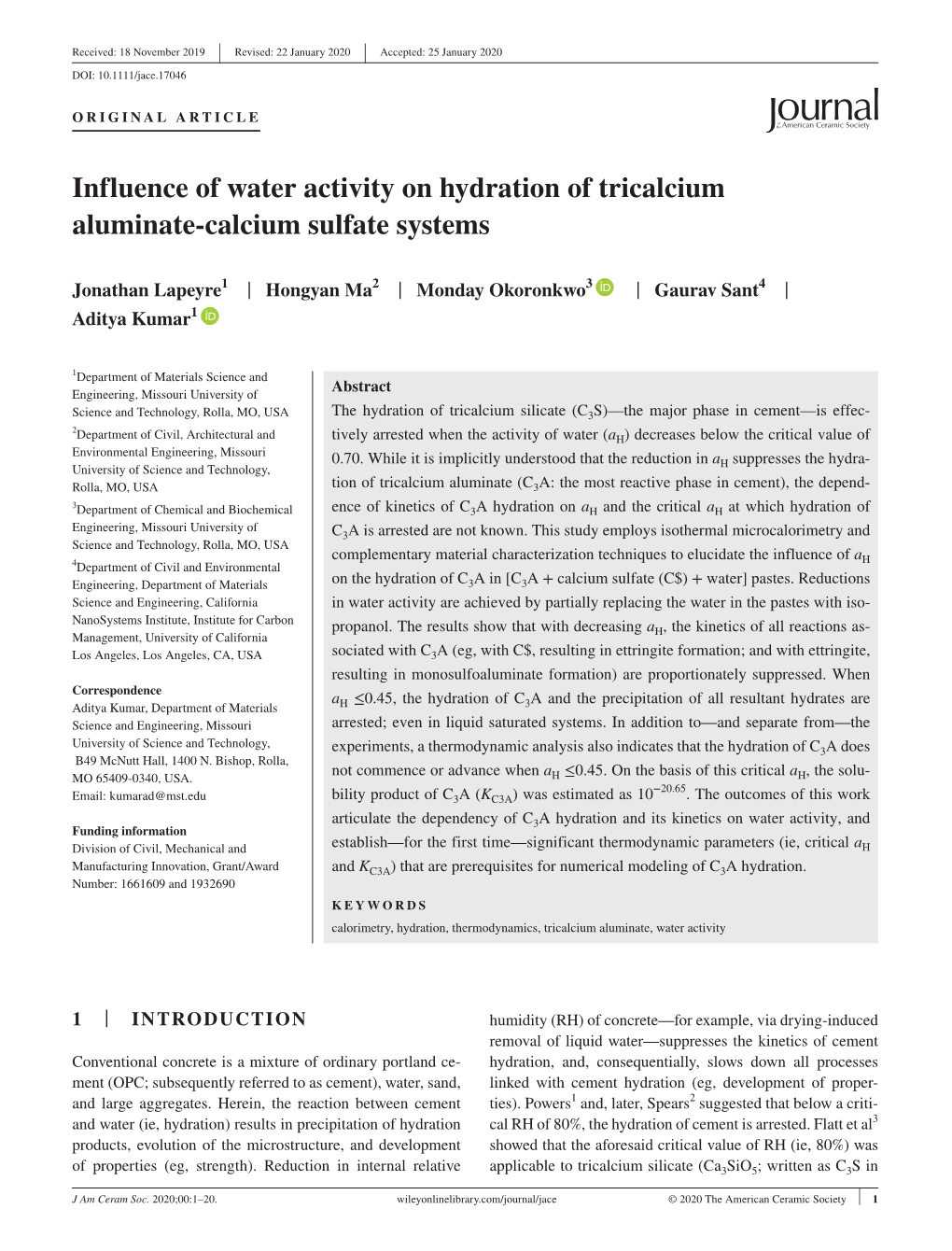 Influence of Water Activity on Hydration of Tricalcium Aluminate‐Calcium
