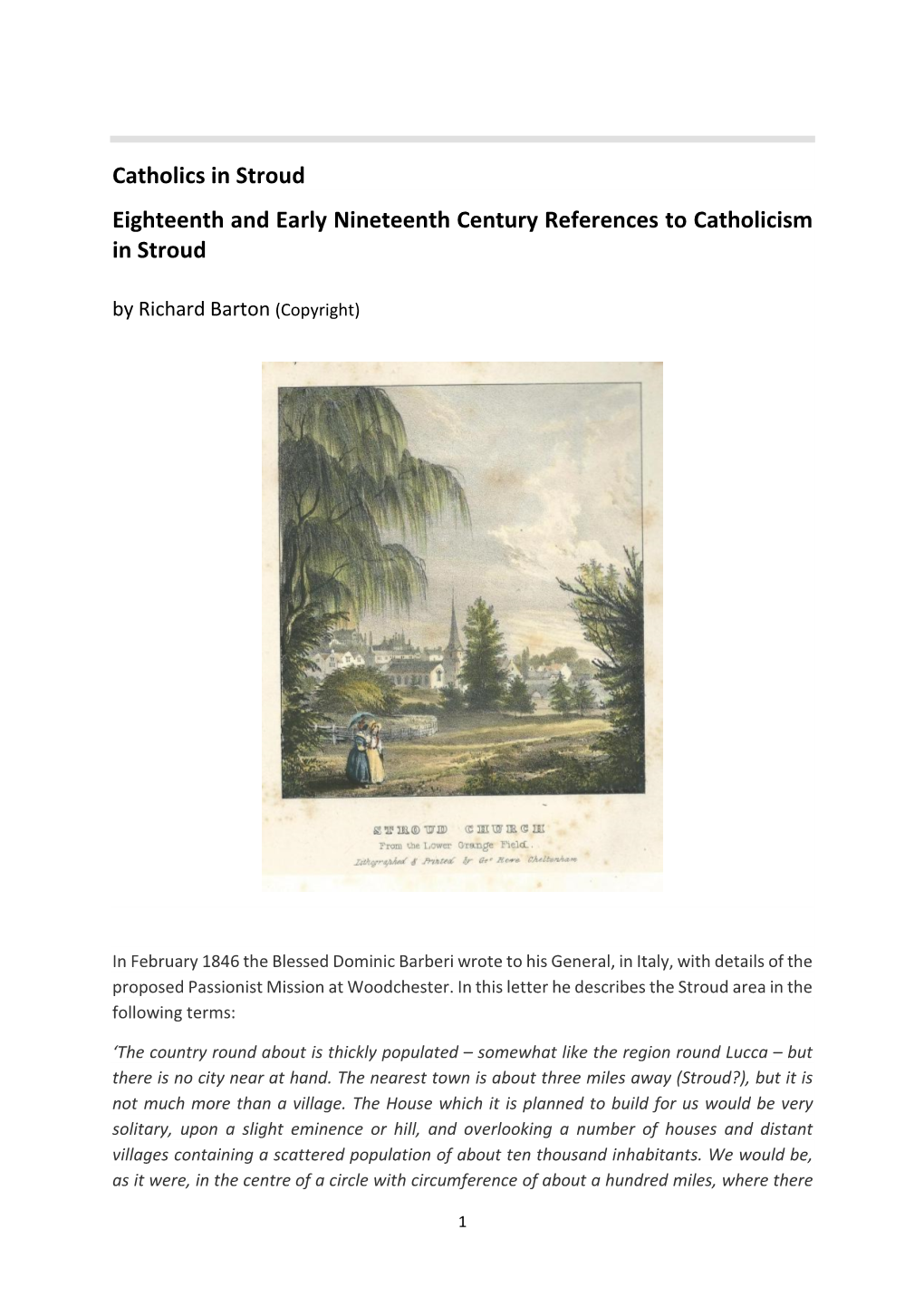 Catholics in Stroud Eighteenth and Early Nineteenth Century References to Catholicism in Stroud by Richard Barton (Copyright)