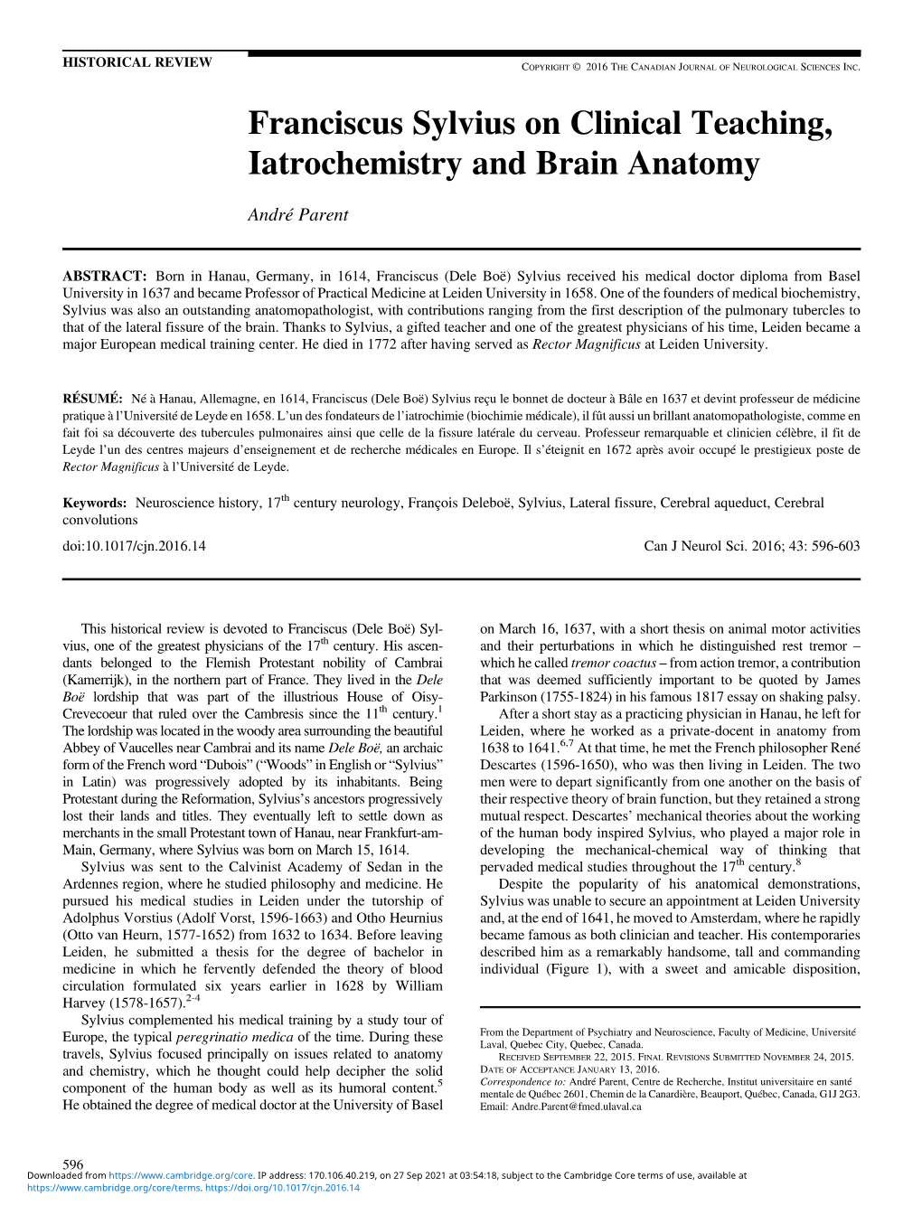 Franciscus Sylvius on Clinical Teaching, Iatrochemistry and Brain Anatomy