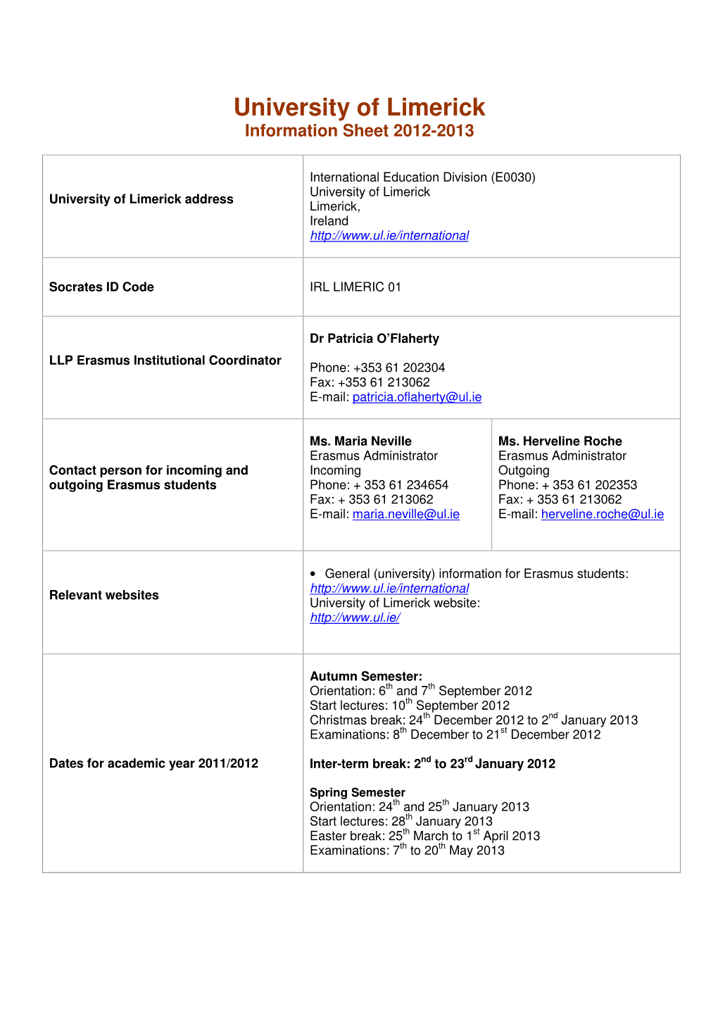 University of Limerick Information Sheet 2012-2013