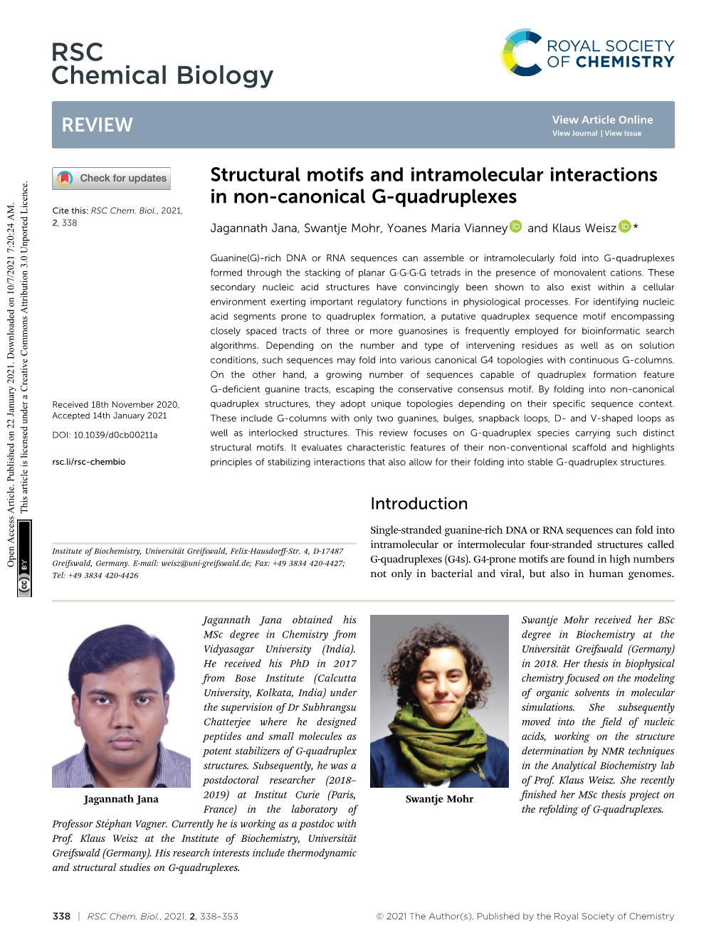 Structural Motifs and Intramolecular Interactions in Non-Canonical G-Quadruplexes Cite This: RSC Chem