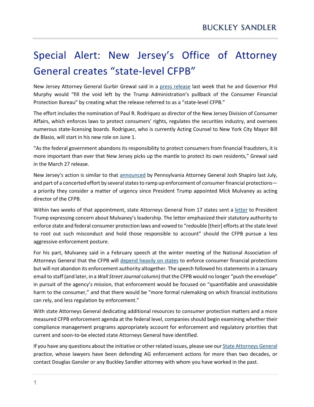 Special Alert: New Jersey's Office of Attorney General Creates “State
