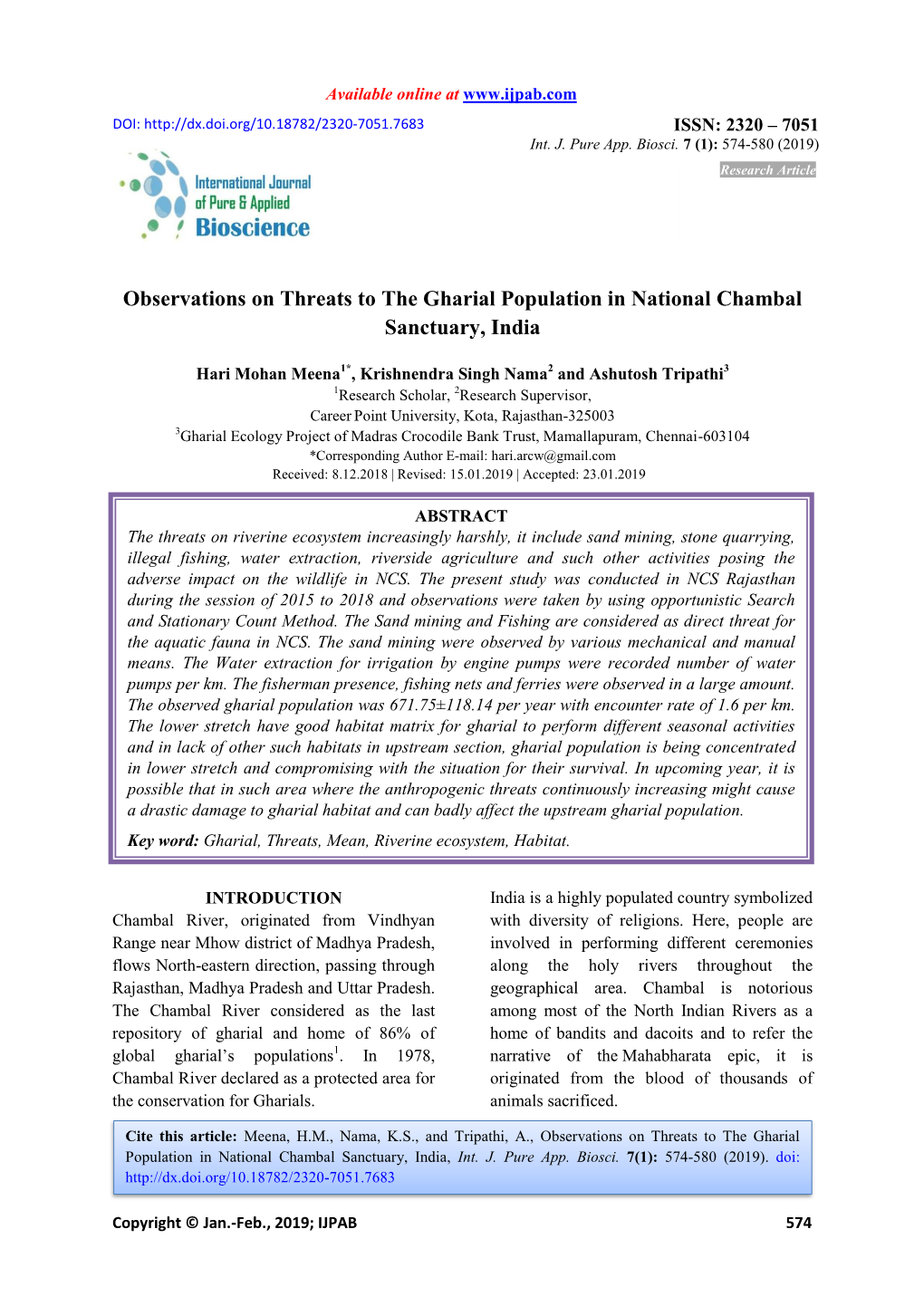 Observations on Threats to the Gharial Population in National Chambal Sanctuary, India