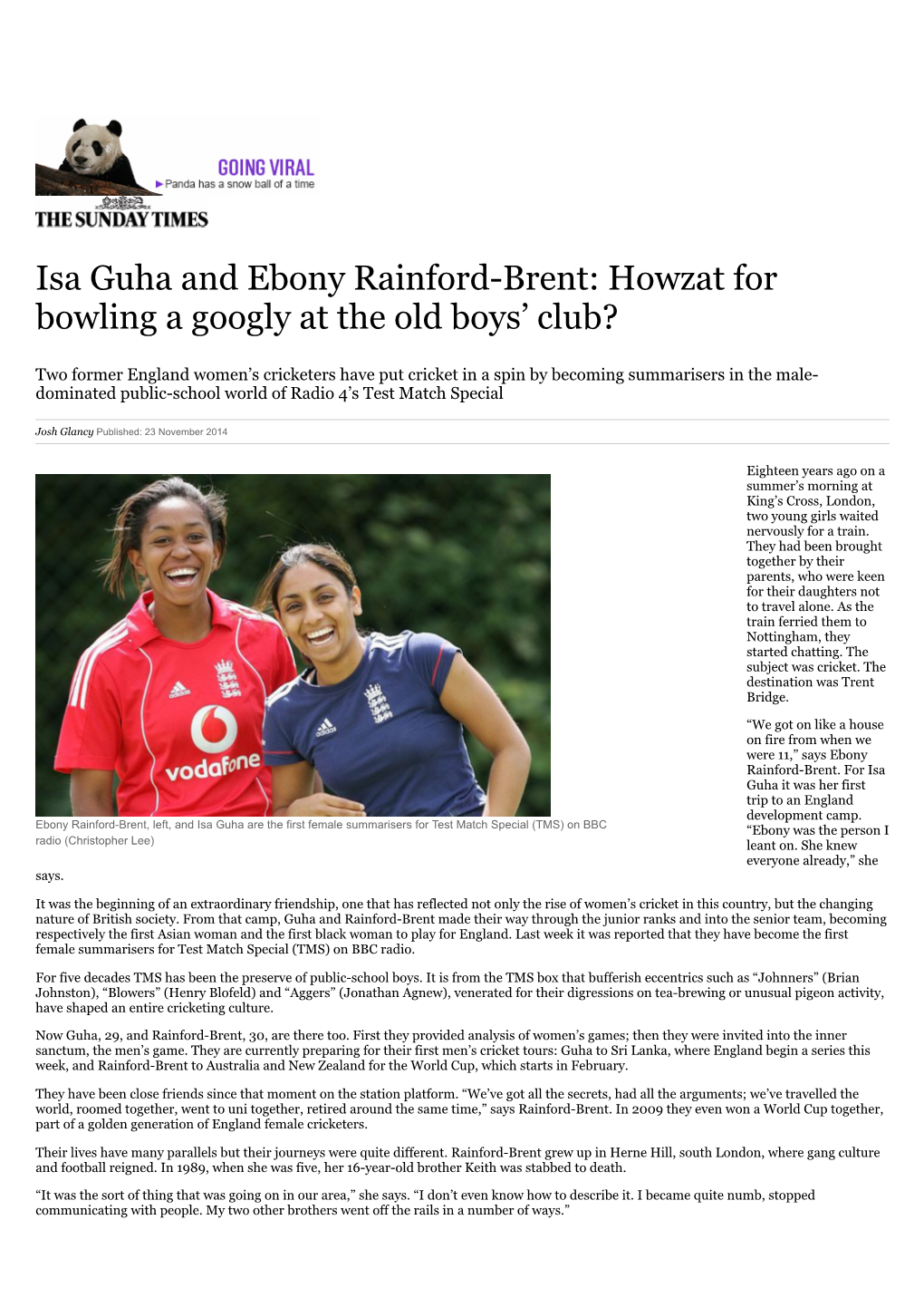 Isa Guha and Ebony Rainford-Brent: Howzat for Bowling a Googly at the Old Boys’ Club?