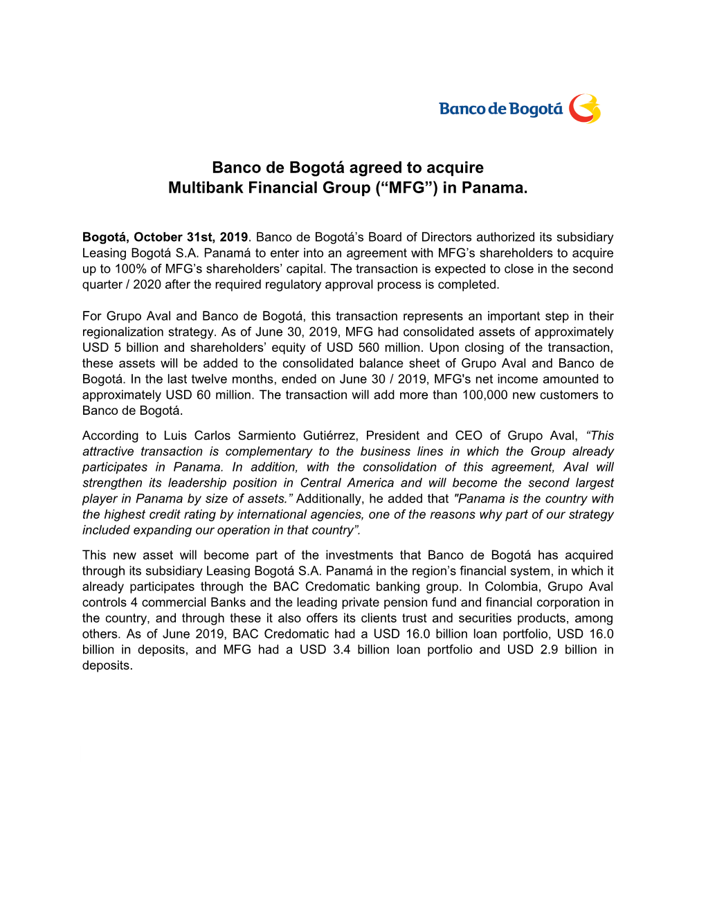 Banco De Bogotá Agreed to Acquire Multibank Financial Group (“MFG”) in Panama