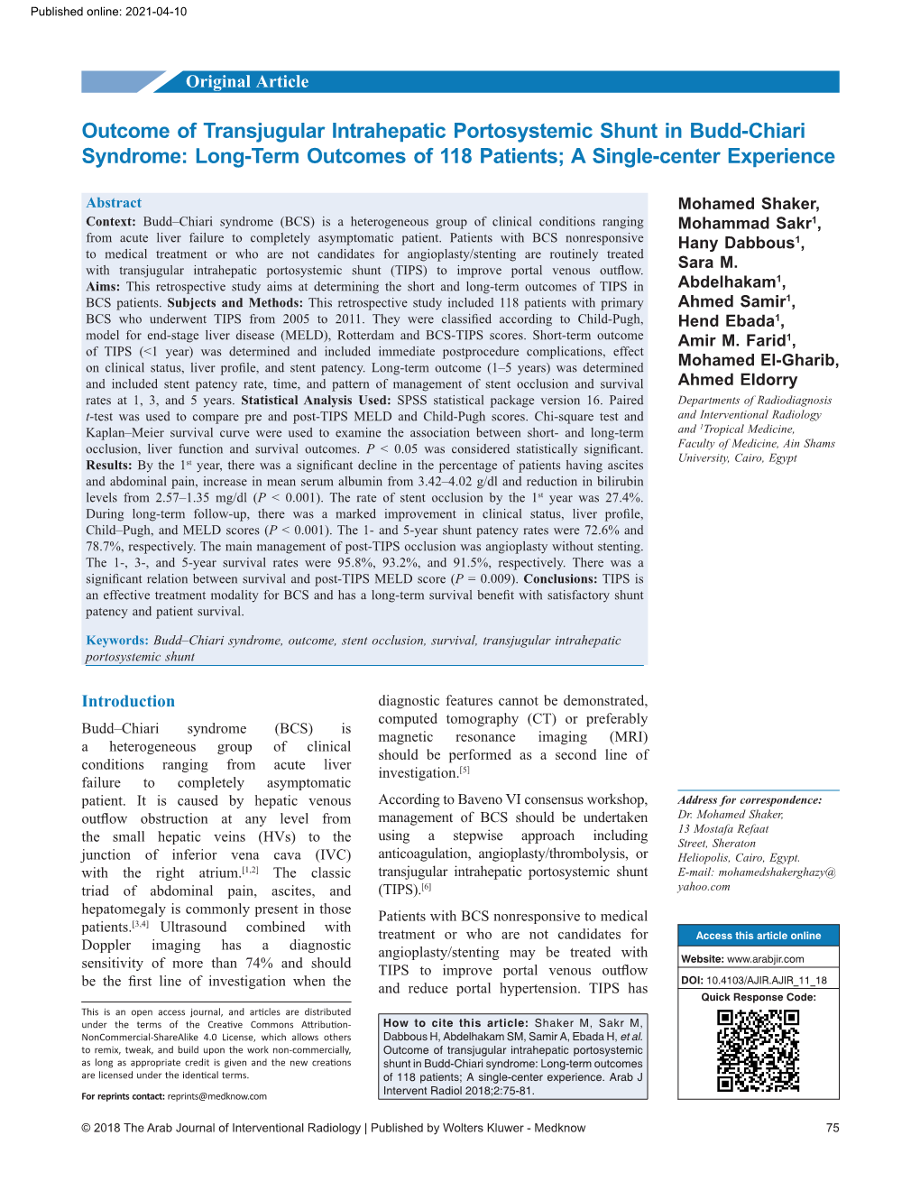 Outcome of Transjugular Intrahepatic Portosystemic Shunt in Budd‑Chiari