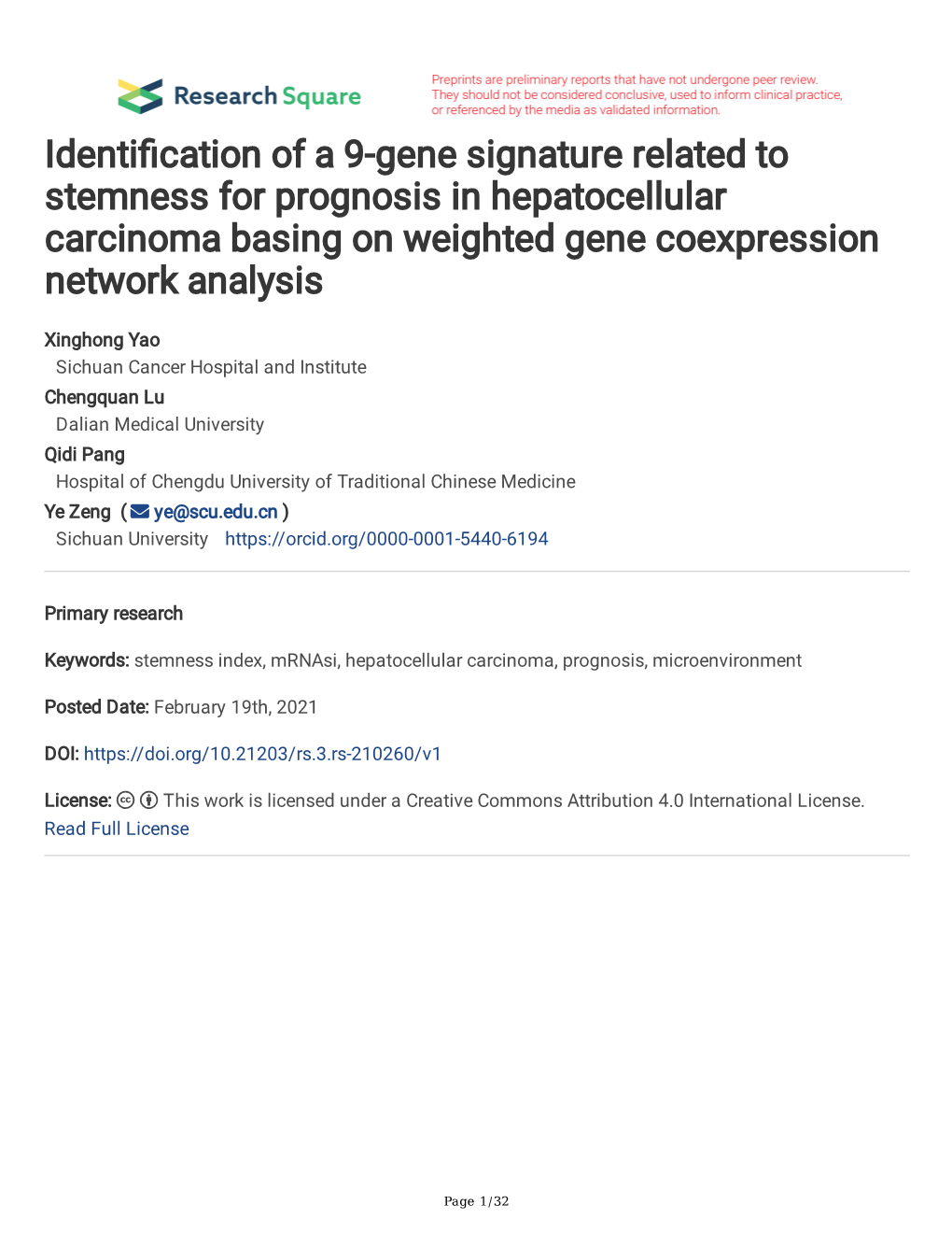 Identification of a 9-Gene Signature Related to Stemness for Prognosis In