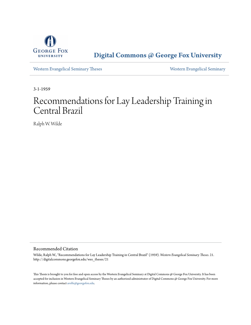 Recommendations for Lay Leadership Training in Central Brazil Ralph W
