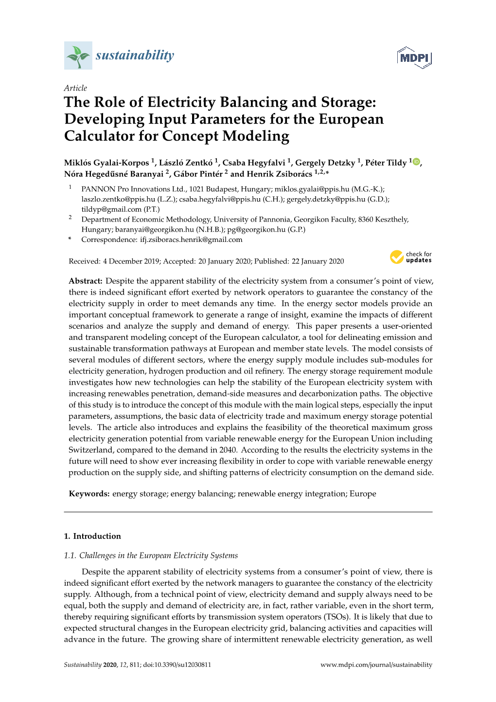 The Role of Electricity Balancing and Storage: Developing Input Parameters for the European Calculator for Concept Modeling