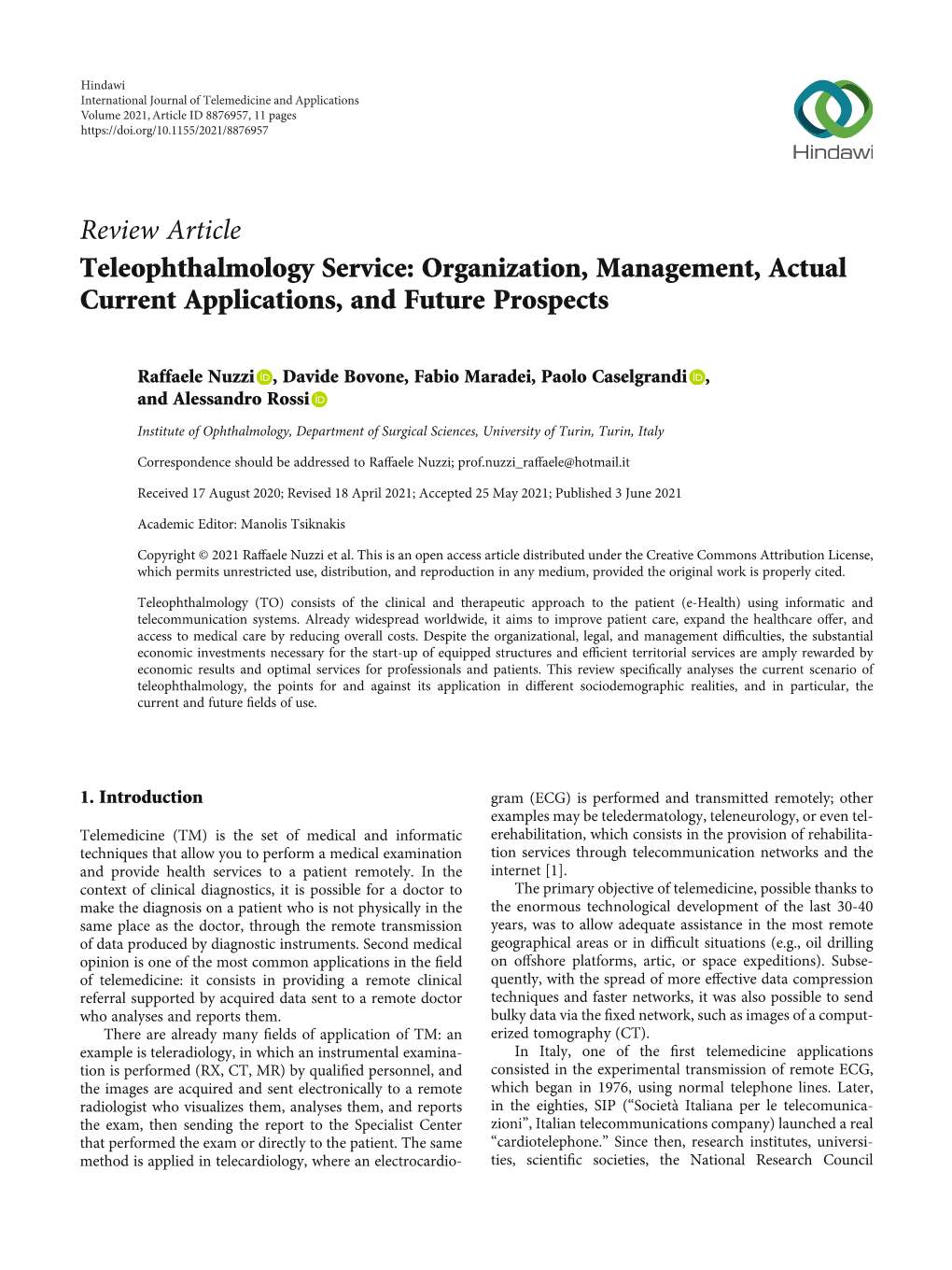 Teleophthalmology Service: Organization, Management, Actual Current Applications, and Future Prospects