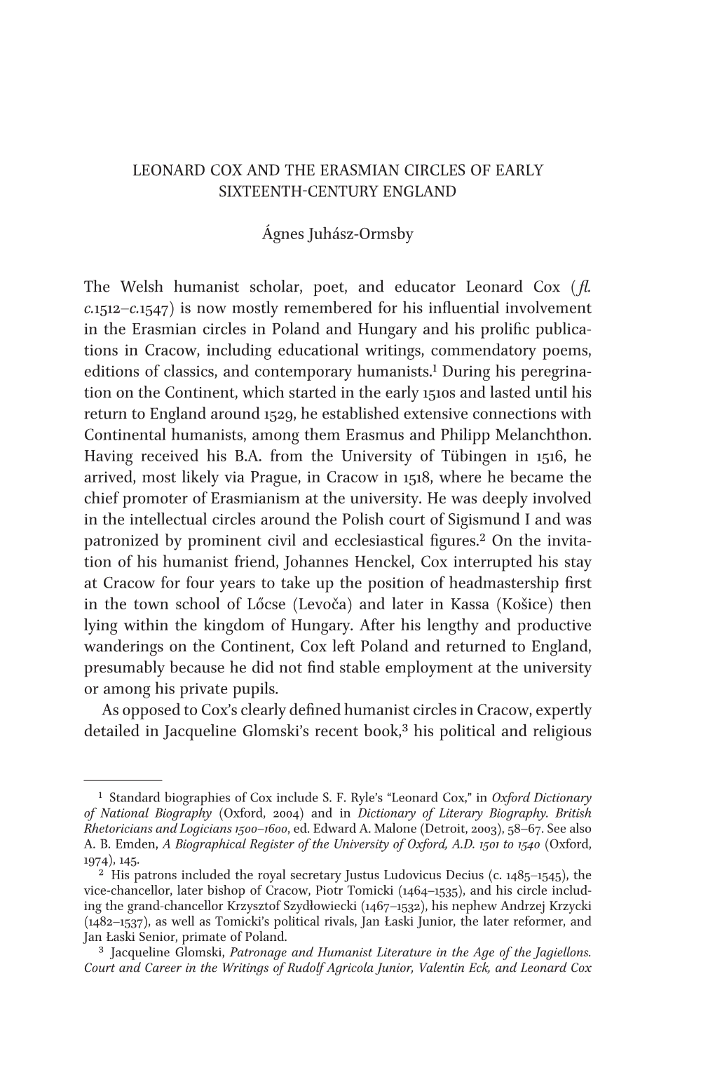 Leonard Cox and the Erasmian Circles of Early Sixteenth-Century England