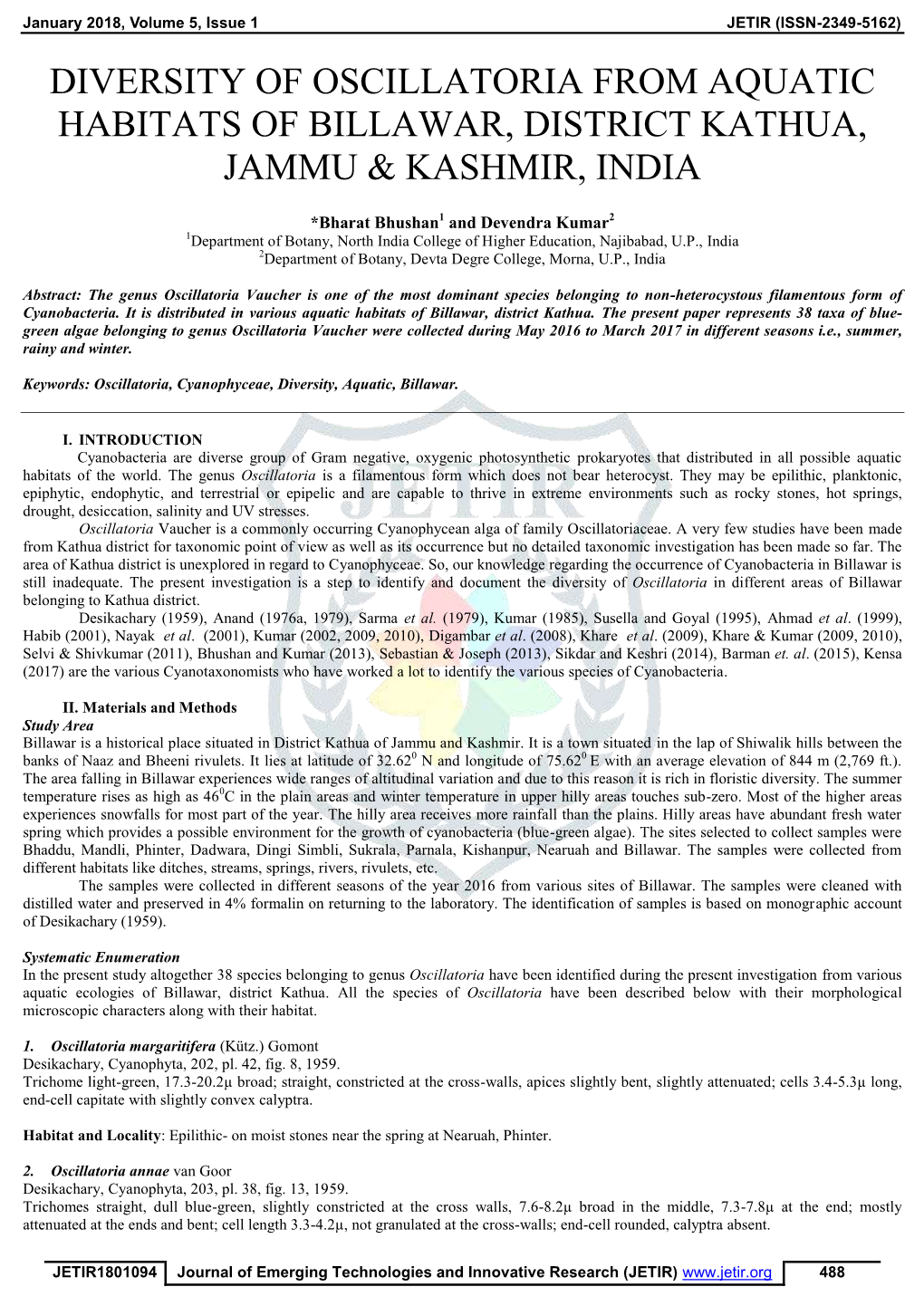 Diversity of Oscillatoria from Aquatic Habitats of Billawar, District Kathua, Jammu & Kashmir, India