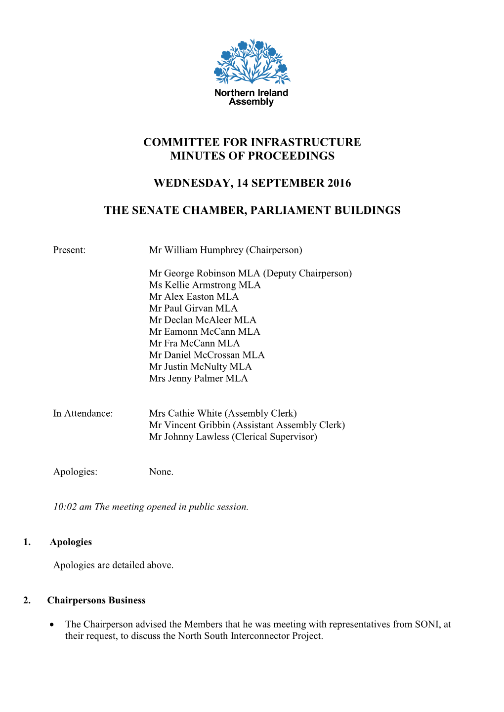 Committee for Infrastructure Minutes of Proceedings