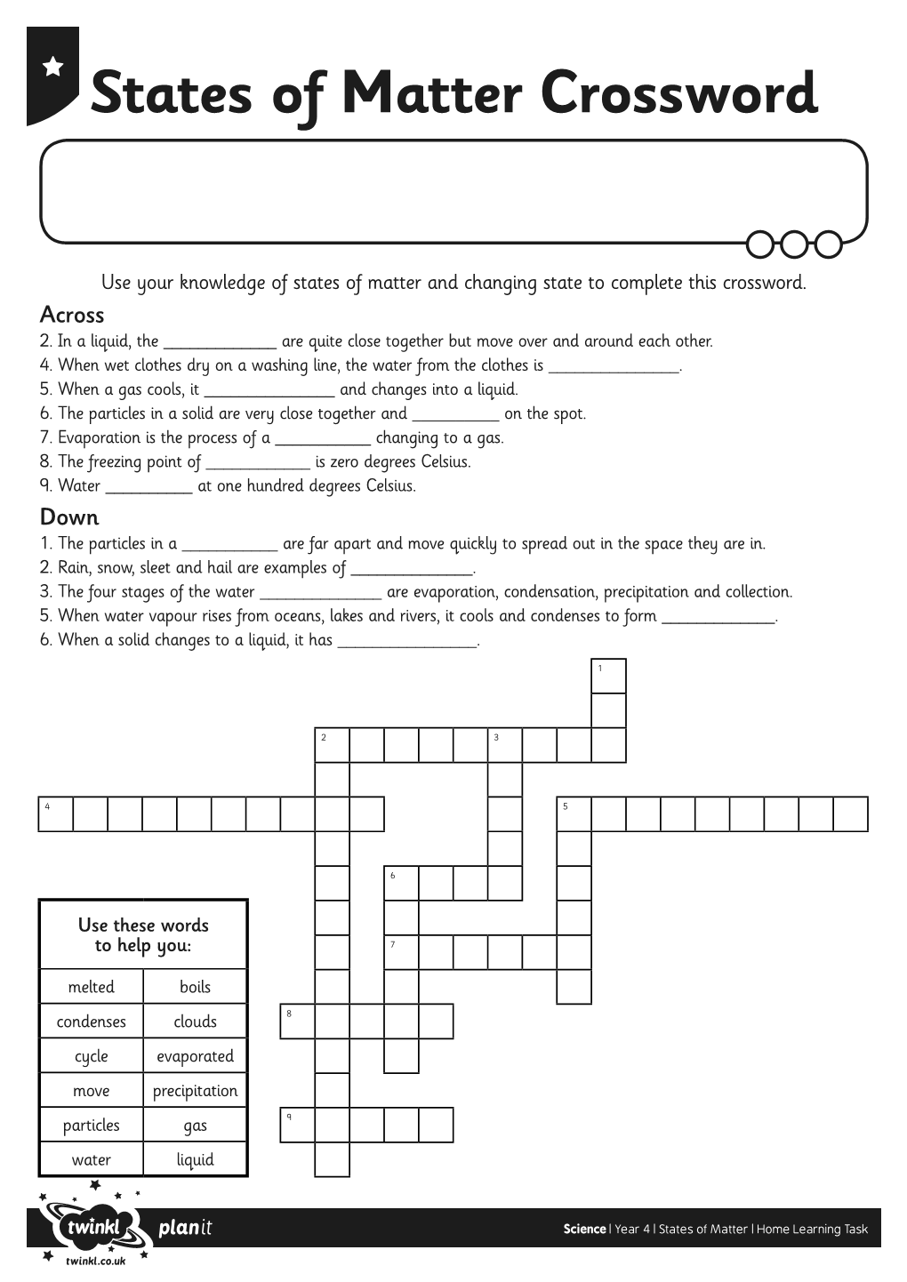 Solids, Liquids and Gas Crossword