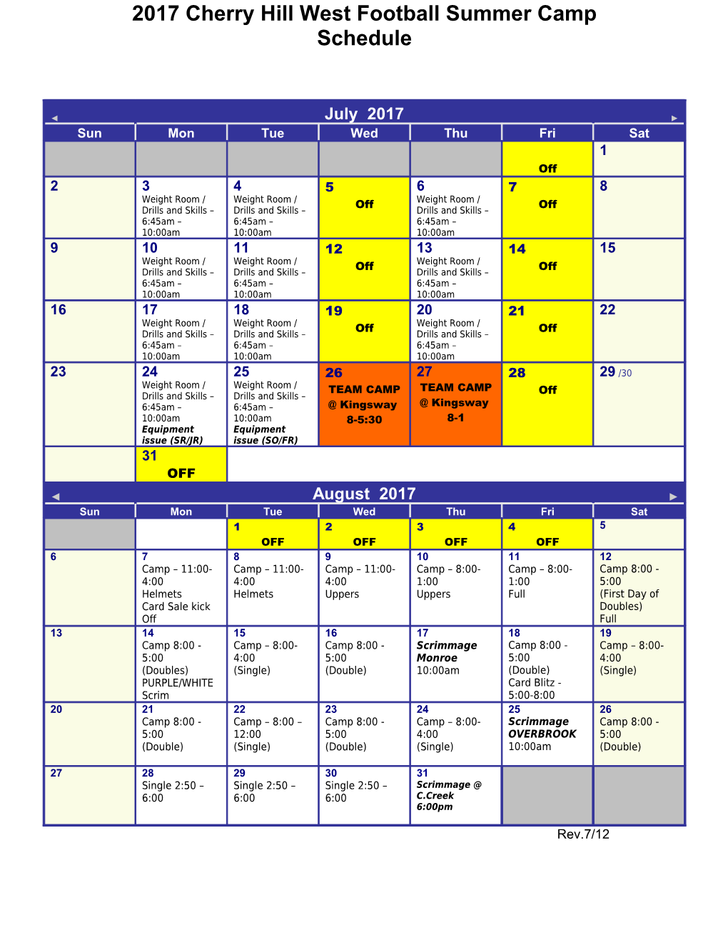 2017 Cherry Hill West Football Summer Camp Schedule