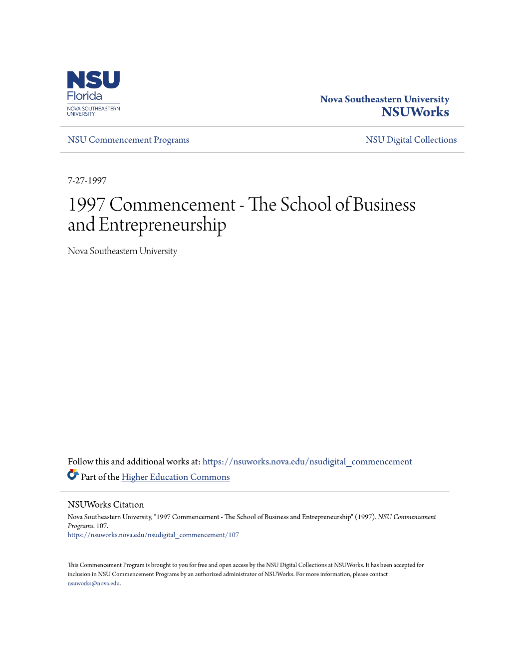 1997 Commencement - the Chos Ol of Business and Entrepreneurship Nova Southeastern University